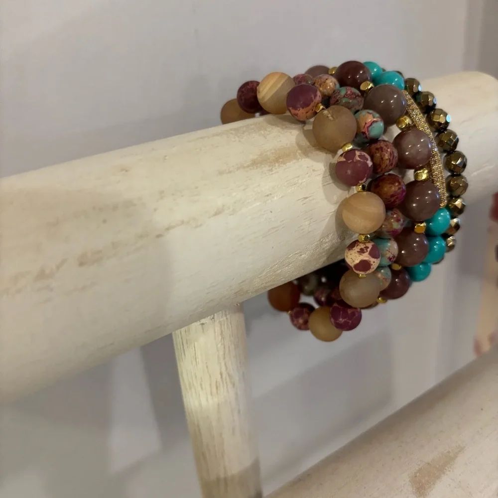 Handmade Gemstone Bracelet Stack Set of 5 NWT Turquoise Jasper Strawberry Quartz